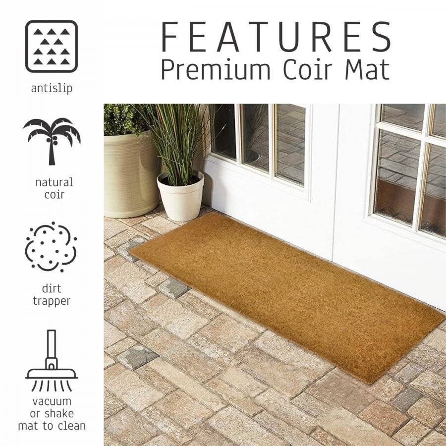 EHC PVC Backed Natural Coconut Coir Plain Entrance Doormat, 45 x 120cm