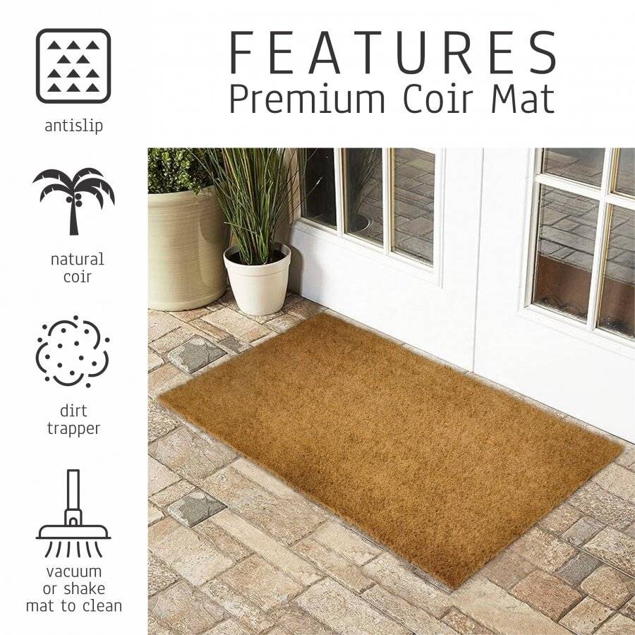 EHC PVC Backed Natural Coconut Coir Plain Entrance Doormat, 45 x 75 cm