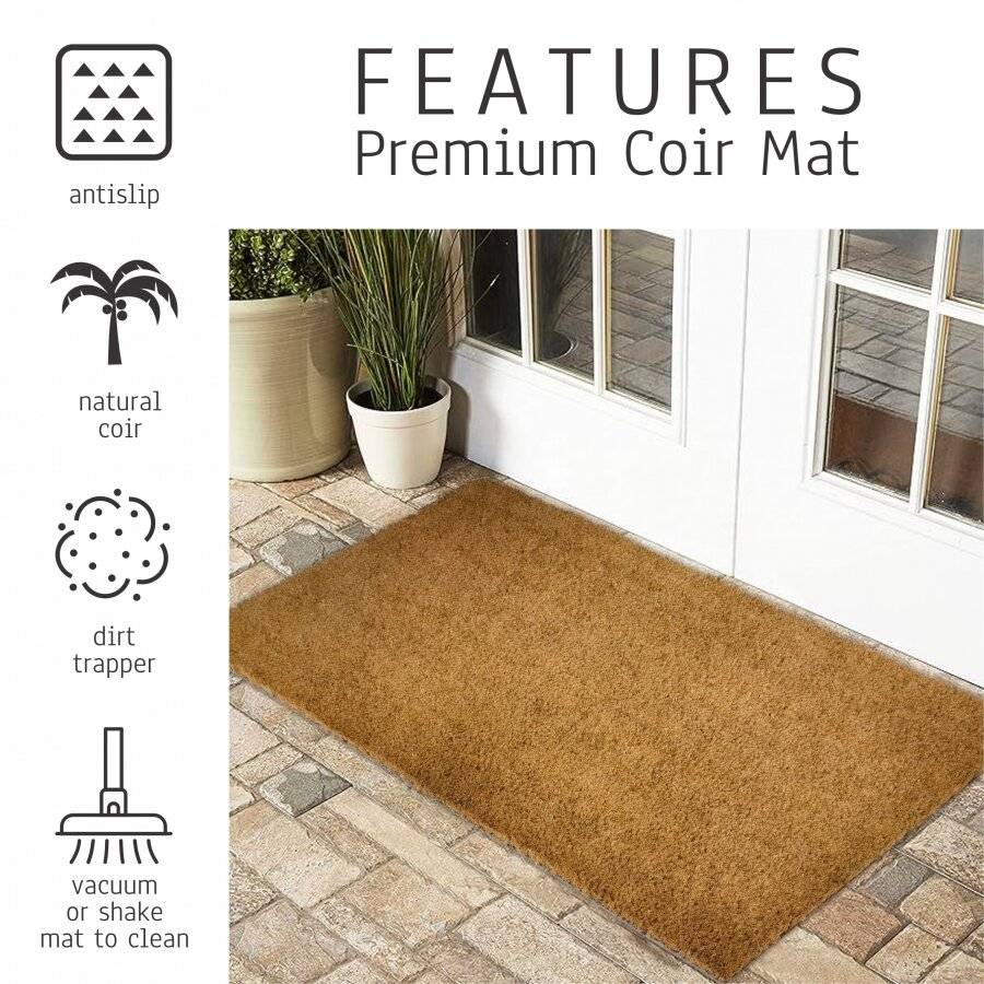 EHC PVC Backed Natural Coconut Coir Plain Entrance Doormat, 60 x 90 cm