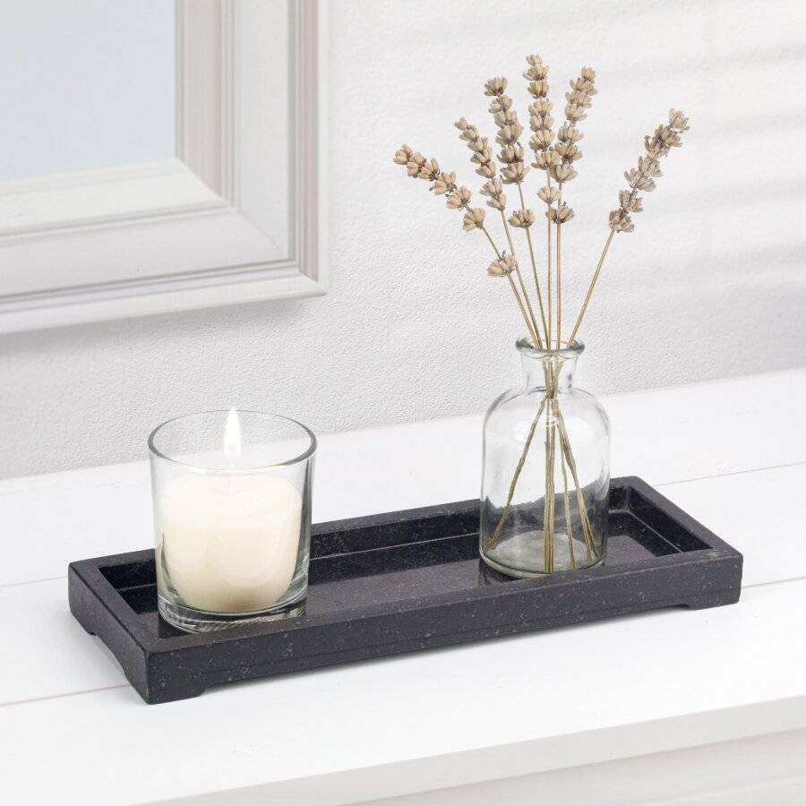 EHC Rectangular Decorative Marble Stone Storage Vanity Tray, Black