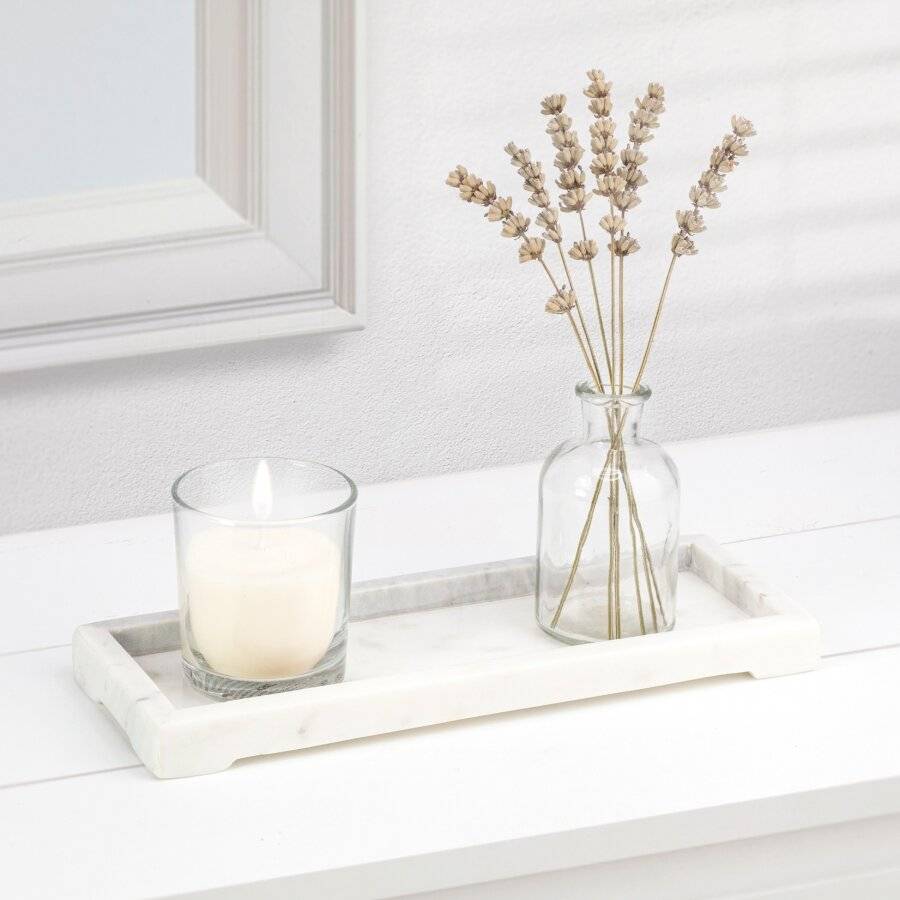 EHC Rectangular Decorative Marble Stone Storage Vanity Tray, White