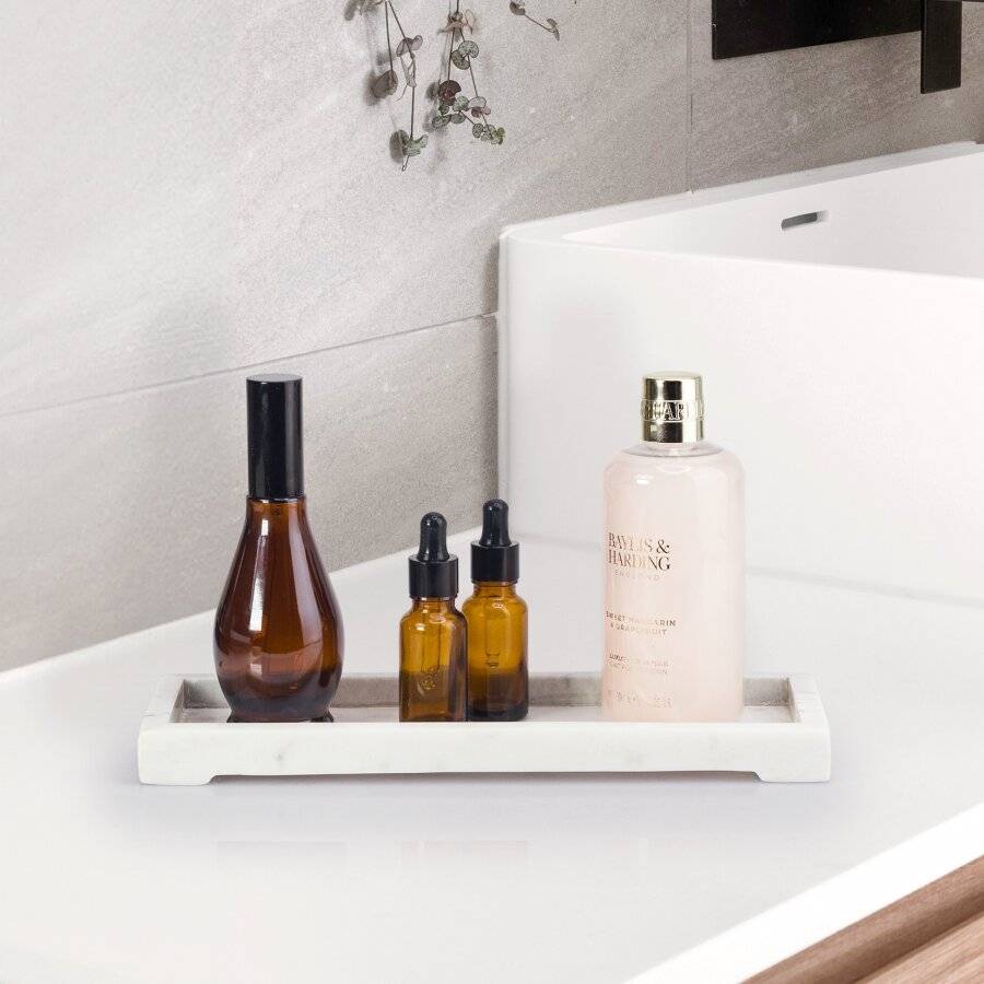 EHC Rectangular Decorative Marble Stone Storage Vanity Tray, White