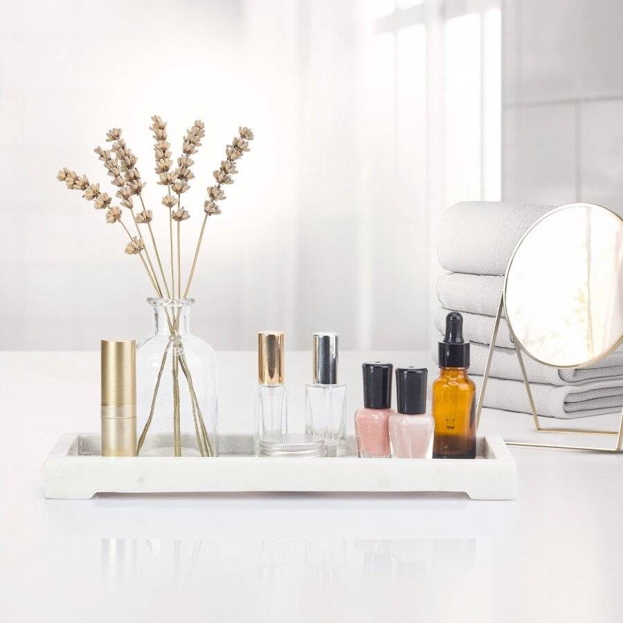 EHC Rectangular Decorative Marble Stone Storage Vanity Tray, White