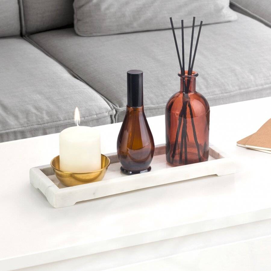 EHC Rectangular Decorative Marble Stone Storage Vanity Tray, White