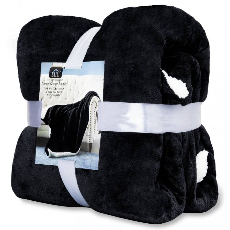 EHC Reverse Sherpa Flannel Fleece Blanket - Black, 150 cm x 200 cm