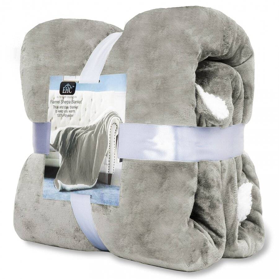 EHC  Reverse Sherpa Flannel Fleece Blanket - Light Grey, 150 x 200 cm