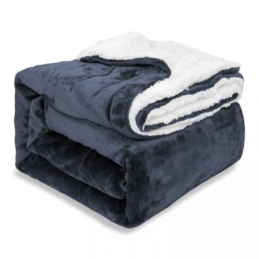 EHC Reverse Sherpa Flannel Fleece Blanket, Navy Blue, 200 x 240 cm