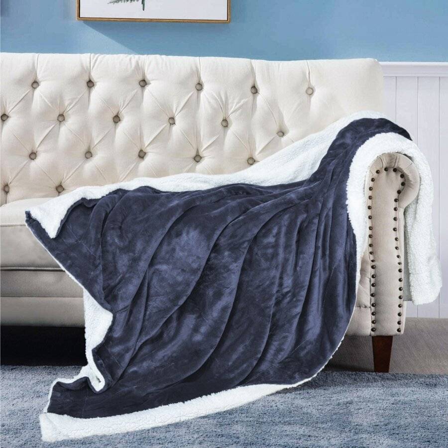 EHC Reverse Sherpa Flannel Fleece Blanket, Navy Blue, 200 x 240 cm