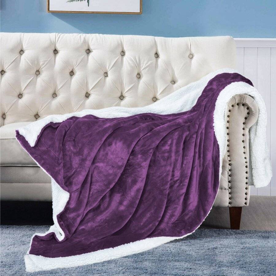 EHC Reverse Sherpa Flannel Fleece Blanket - Purple, 150 cm x 200 cm