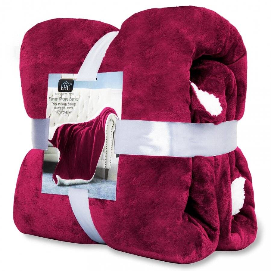 EHC Reverse Sherpa Flannel Fleece Blanket - Wine, 150 cm x 200 cm