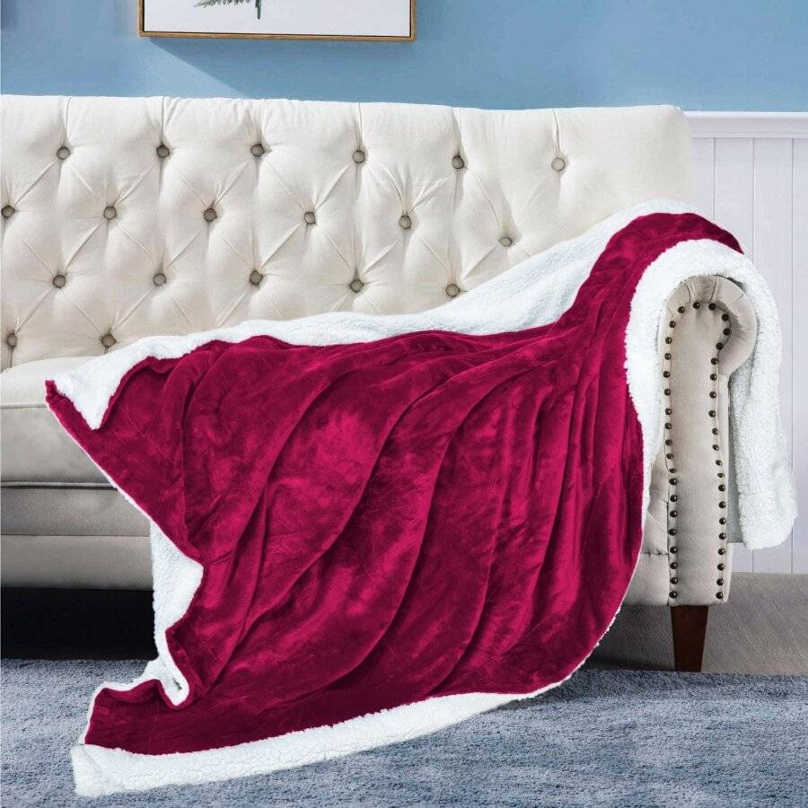 EHC Reverse Sherpa Flannel Fleece Blanket -  Wine, 200 x 240 cm