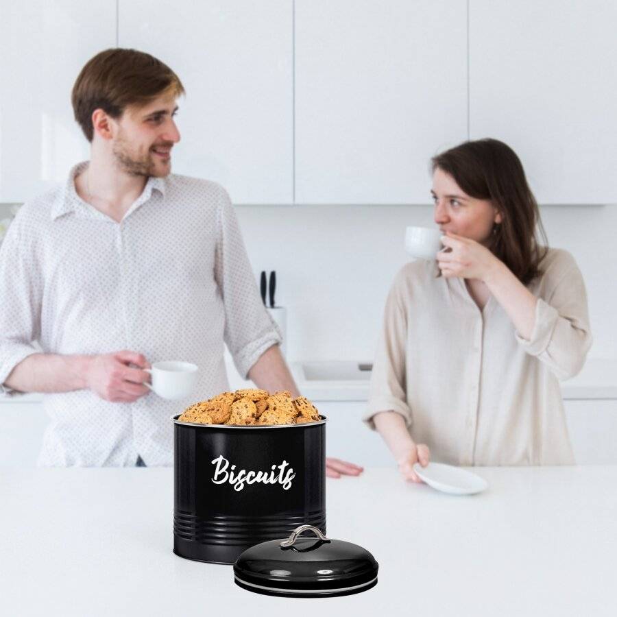 EHC Round Black Enamel Airtight Cookie Storage Canister