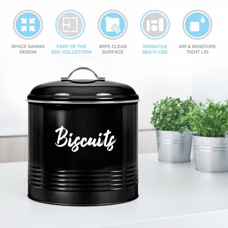 EHC Round Black Enamel Airtight Cookie Storage Canister