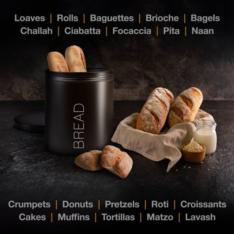 EHC Round Bread Storage Container With Airtight Lid, Black, Dia. 22cm