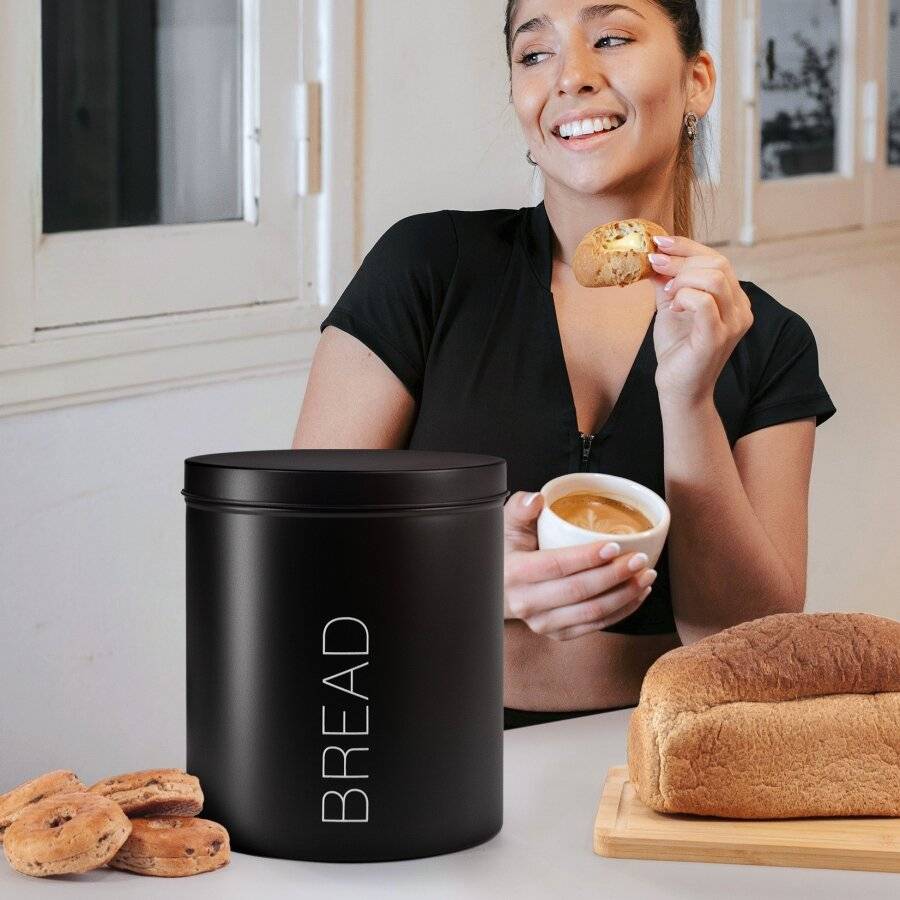 EHC Round Bread Storage Container With Airtight Lid, Black, Dia. 22cm
