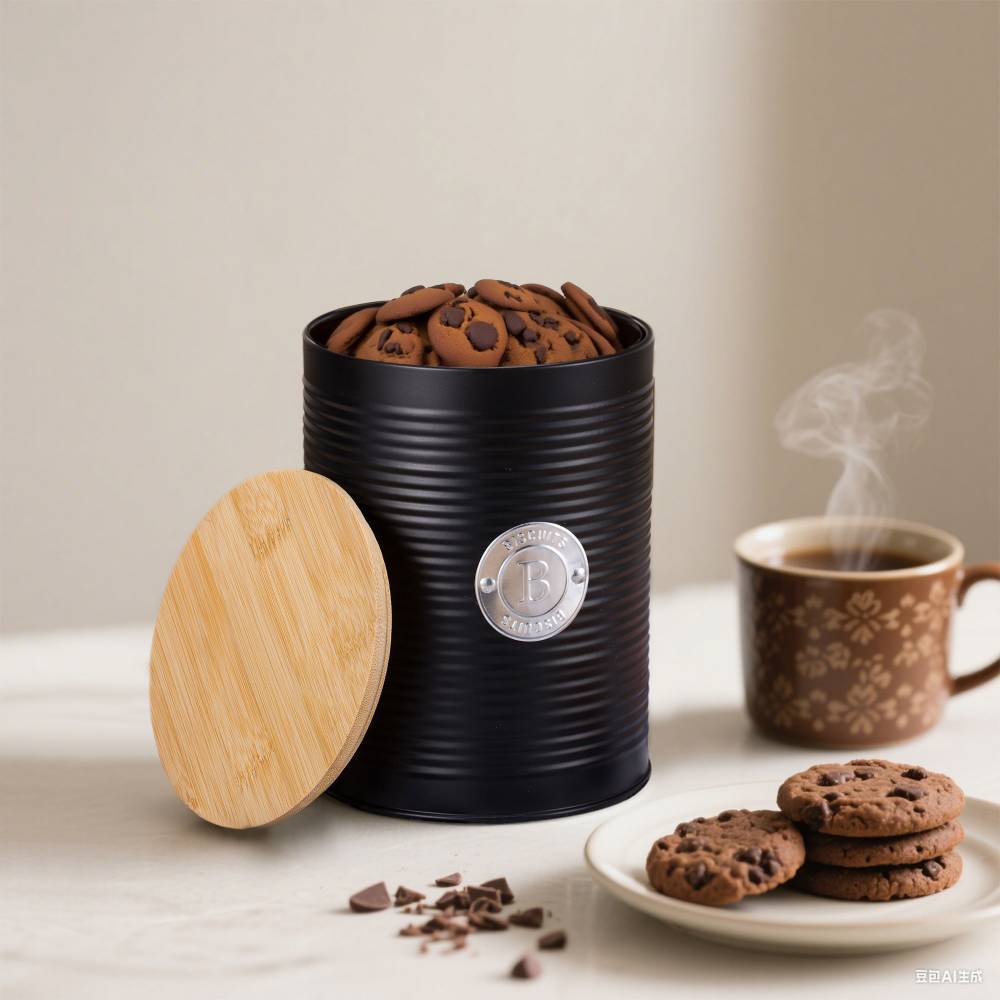 EHC Round Enamel Airtight Seal Cookie/Biscuit Canister With Lid, Black
