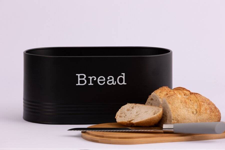 EHC Round Enamel Bread Storage Canister With Wooden Lid, Black