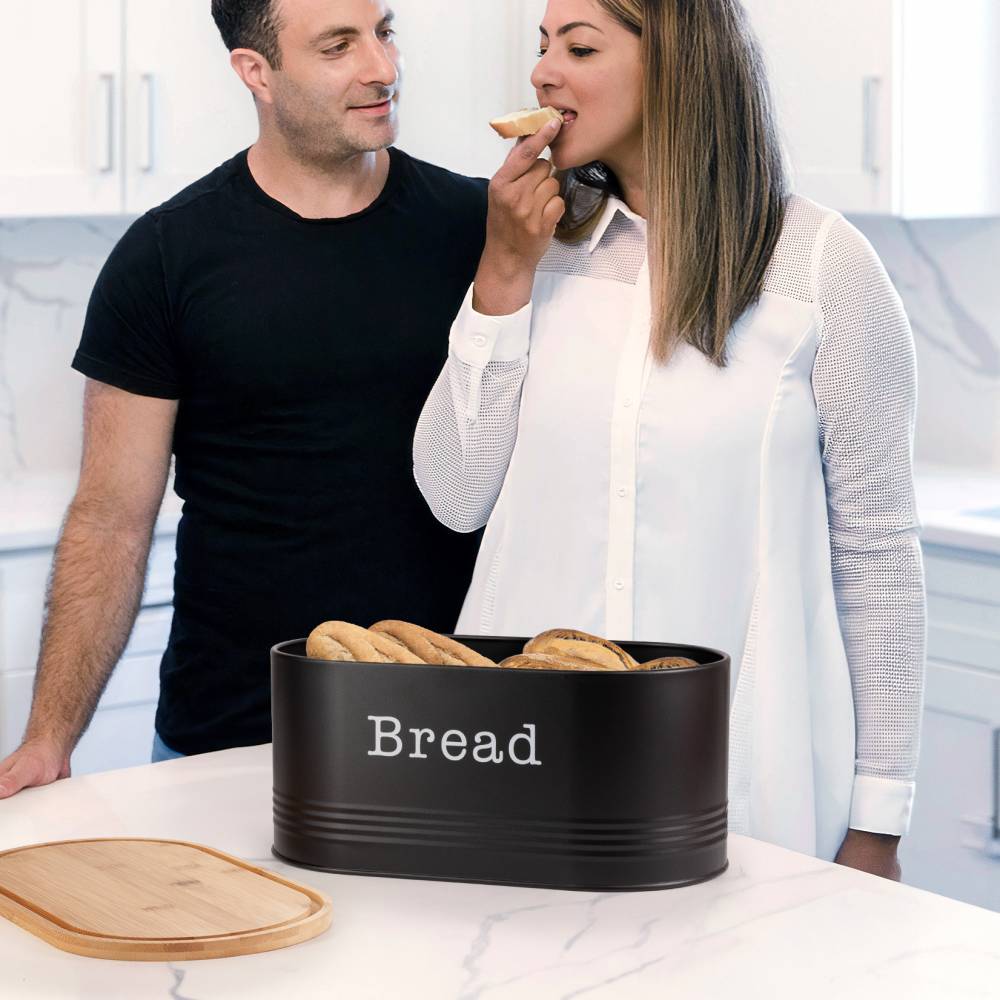 EHC Round Enamel Bread Storage Canister With Wooden Lid, Black