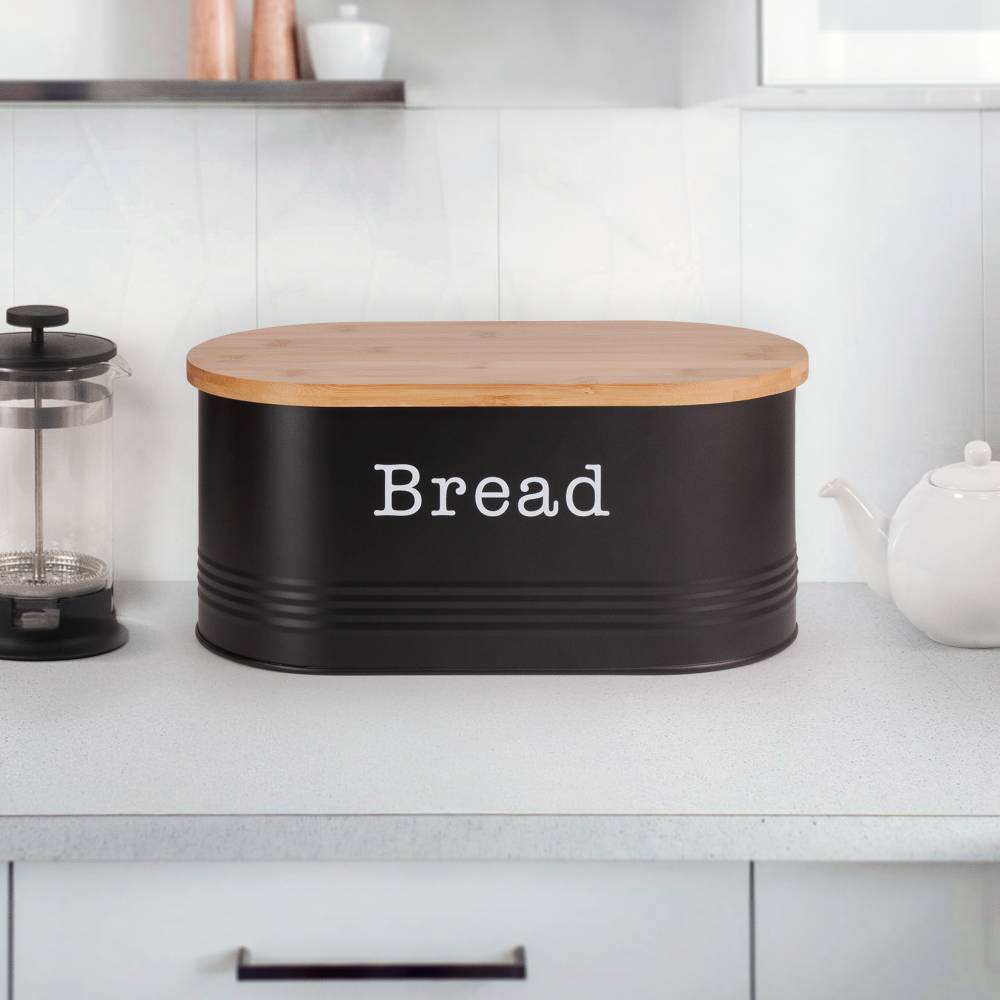 EHC Round Enamel Bread Storage Canister With Wooden Lid, Black
