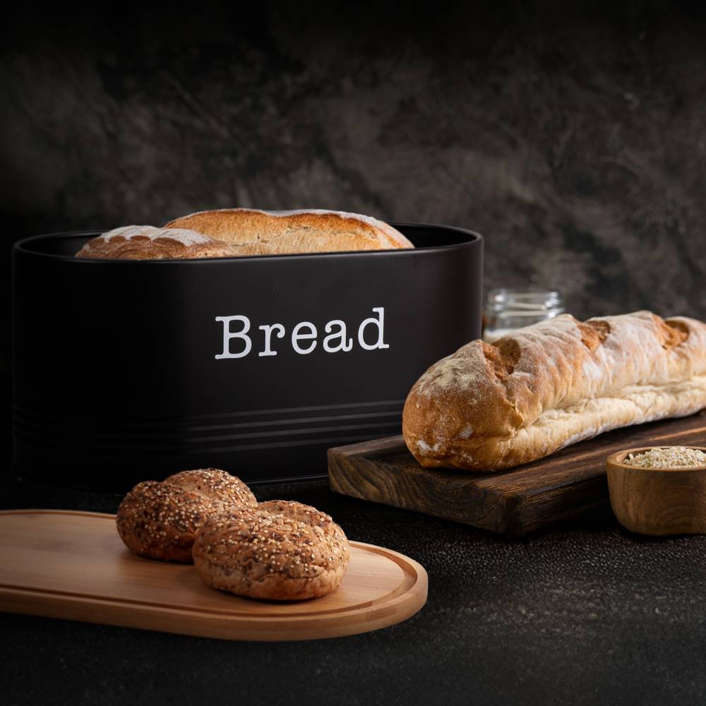 EHC Round Enamel Bread Storage Canister With Wooden Lid, Black