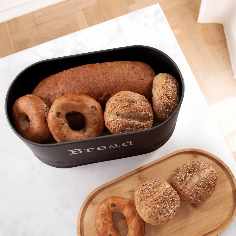 EHC Round Enamel Bread Storage Canister With Wooden Lid, Black