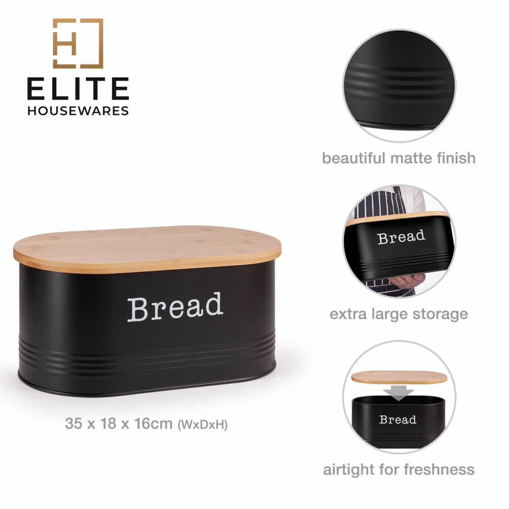 EHC Round Enamel Bread Storage Canister With Wooden Lid, Black
