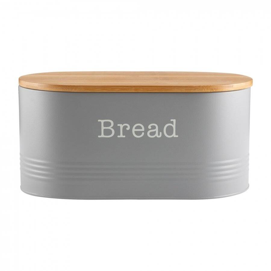 EHC Round Enamel Bread Storage Canister With Wooden Lid, Grey