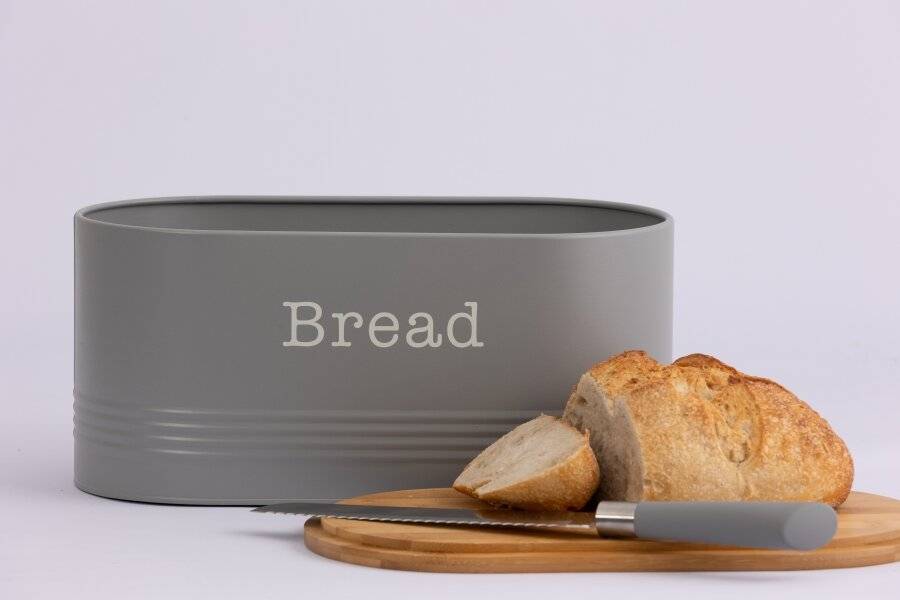 EHC Round Enamel Bread Storage Canister With Wooden Lid, Grey