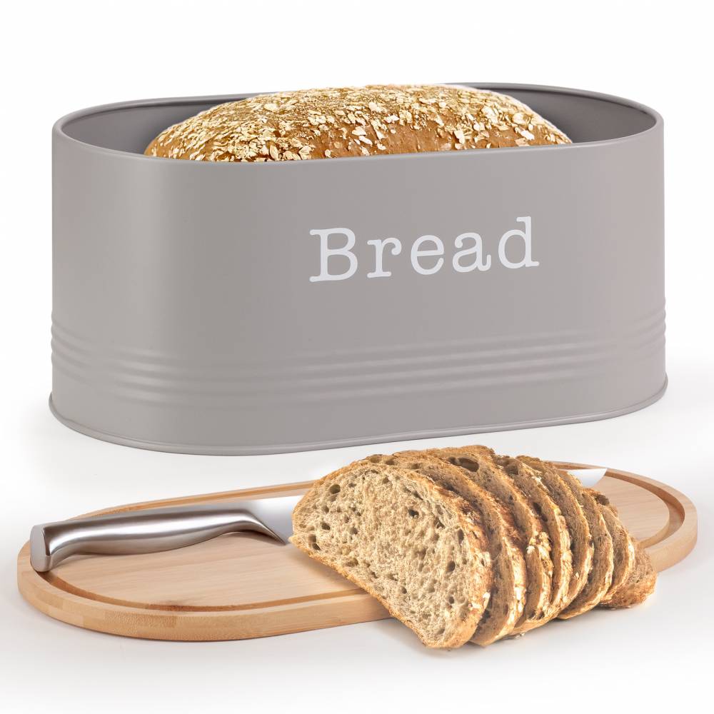 EHC Round Enamel Bread Storage Canister With Wooden Lid, Grey