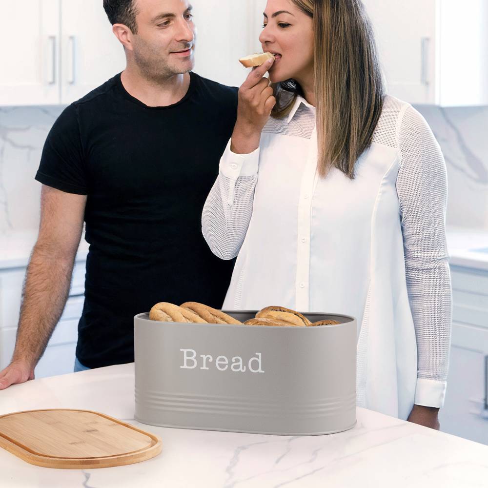EHC Round Enamel Bread Storage Canister With Wooden Lid, Grey