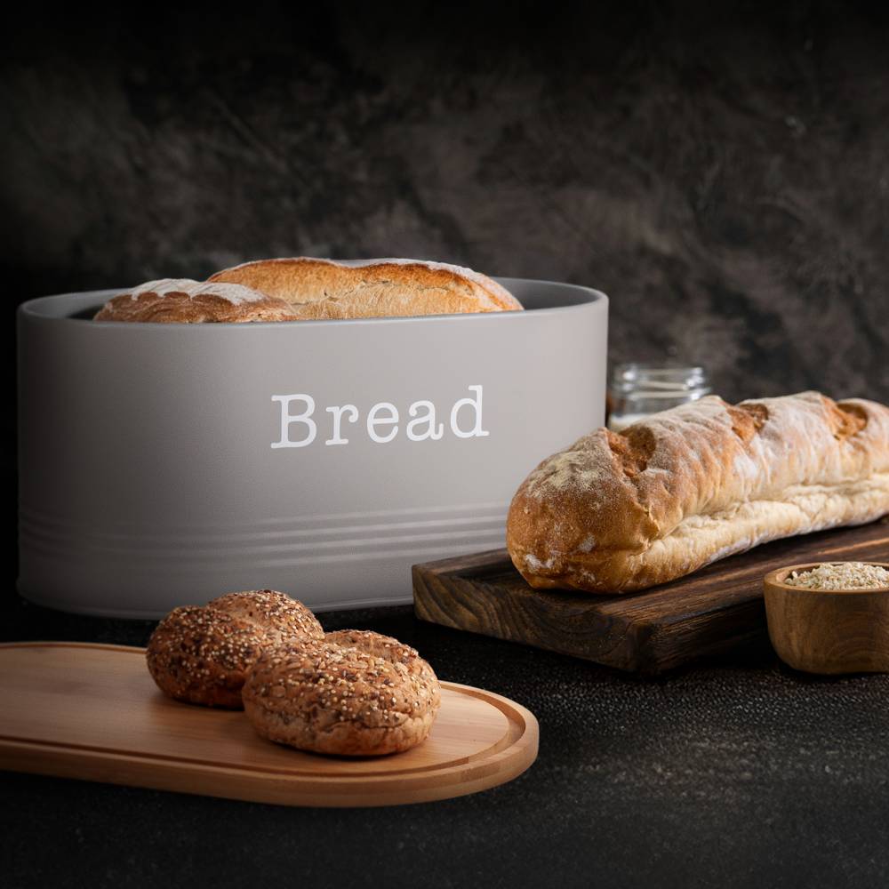 EHC Round Enamel Bread Storage Canister With Wooden Lid, Grey