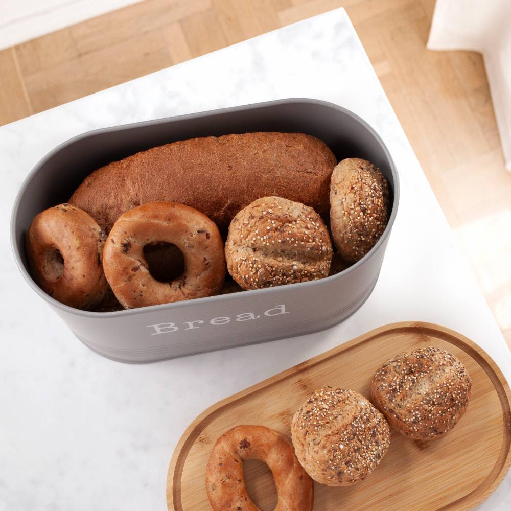 EHC Round Enamel Bread Storage Canister With Wooden Lid, Grey