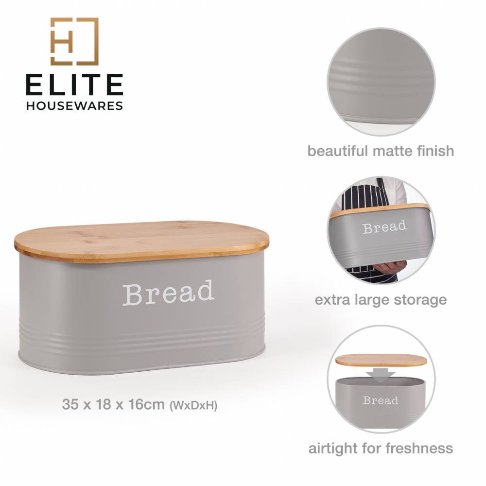 EHC Round Enamel Bread Storage Canister With Wooden Lid, Grey