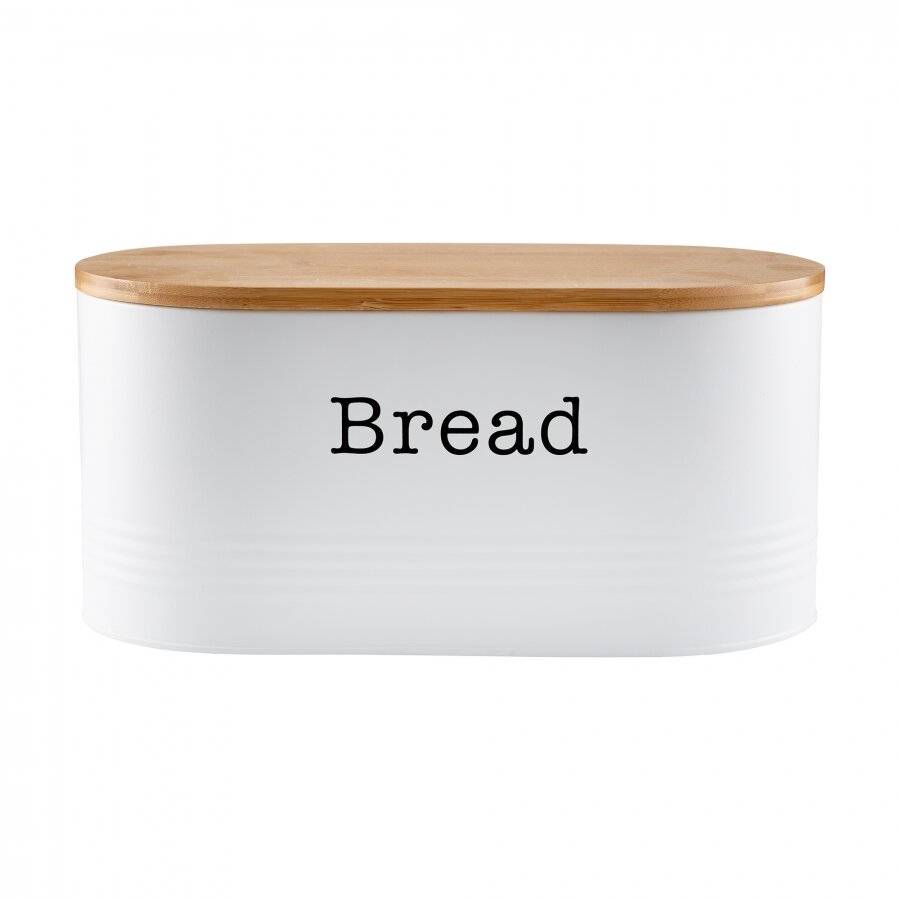 EHC Round Enamel Bread Storage Canister With Wooden Lid, White