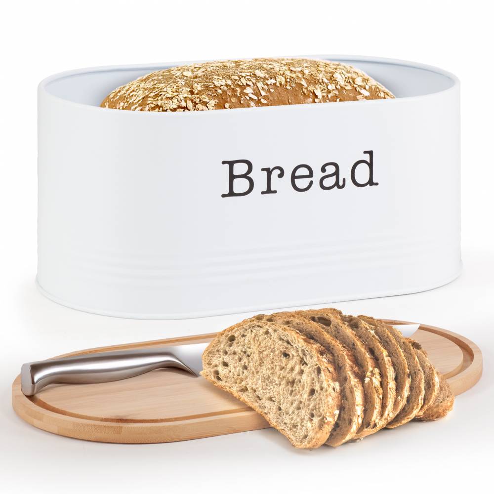 EHC Round Enamel Bread Storage Canister With Wooden Lid, White