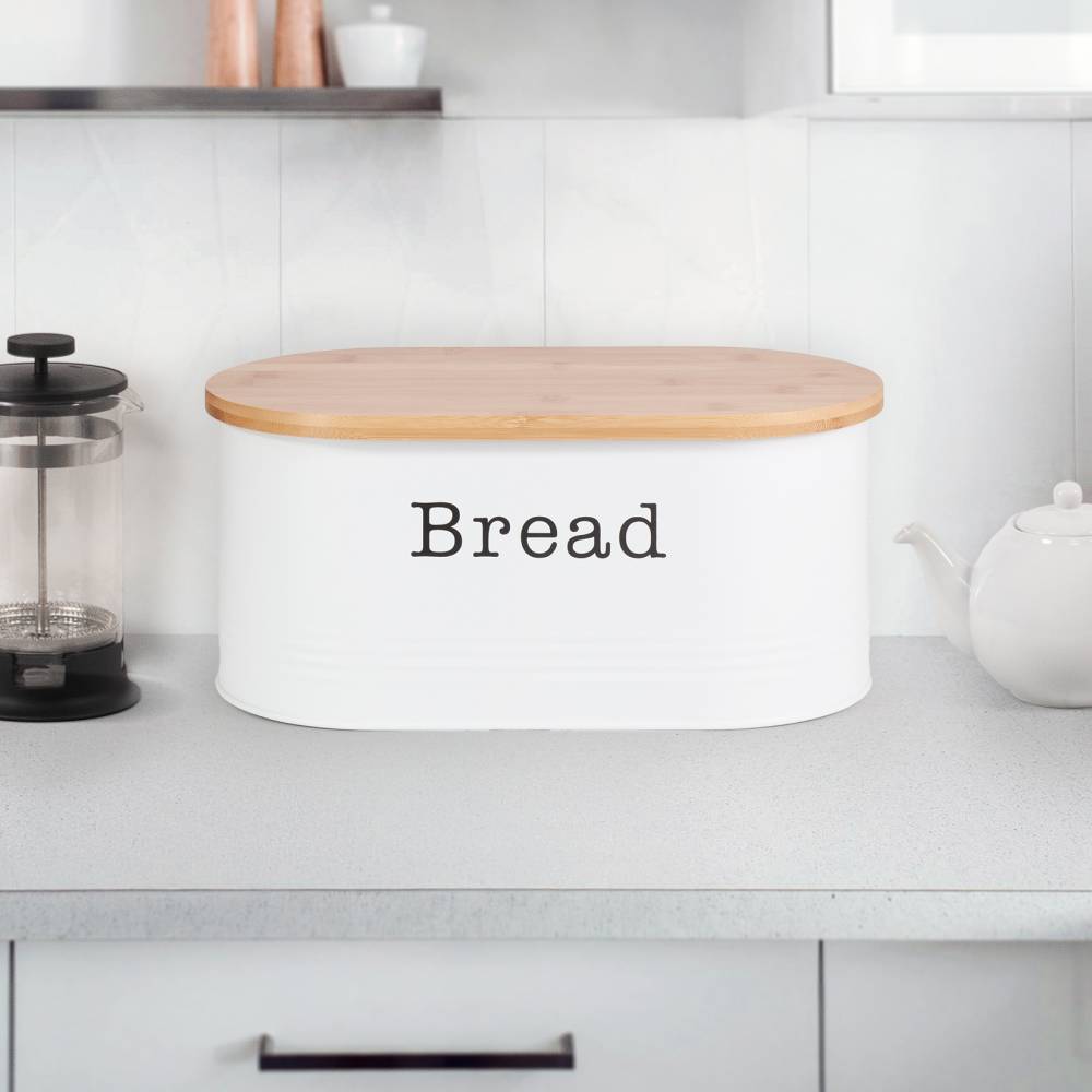 EHC Round Enamel Bread Storage Canister With Wooden Lid, White