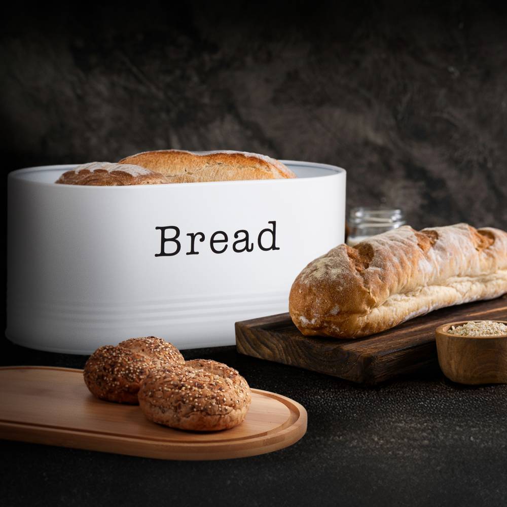 EHC Round Enamel Bread Storage Canister With Wooden Lid, White
