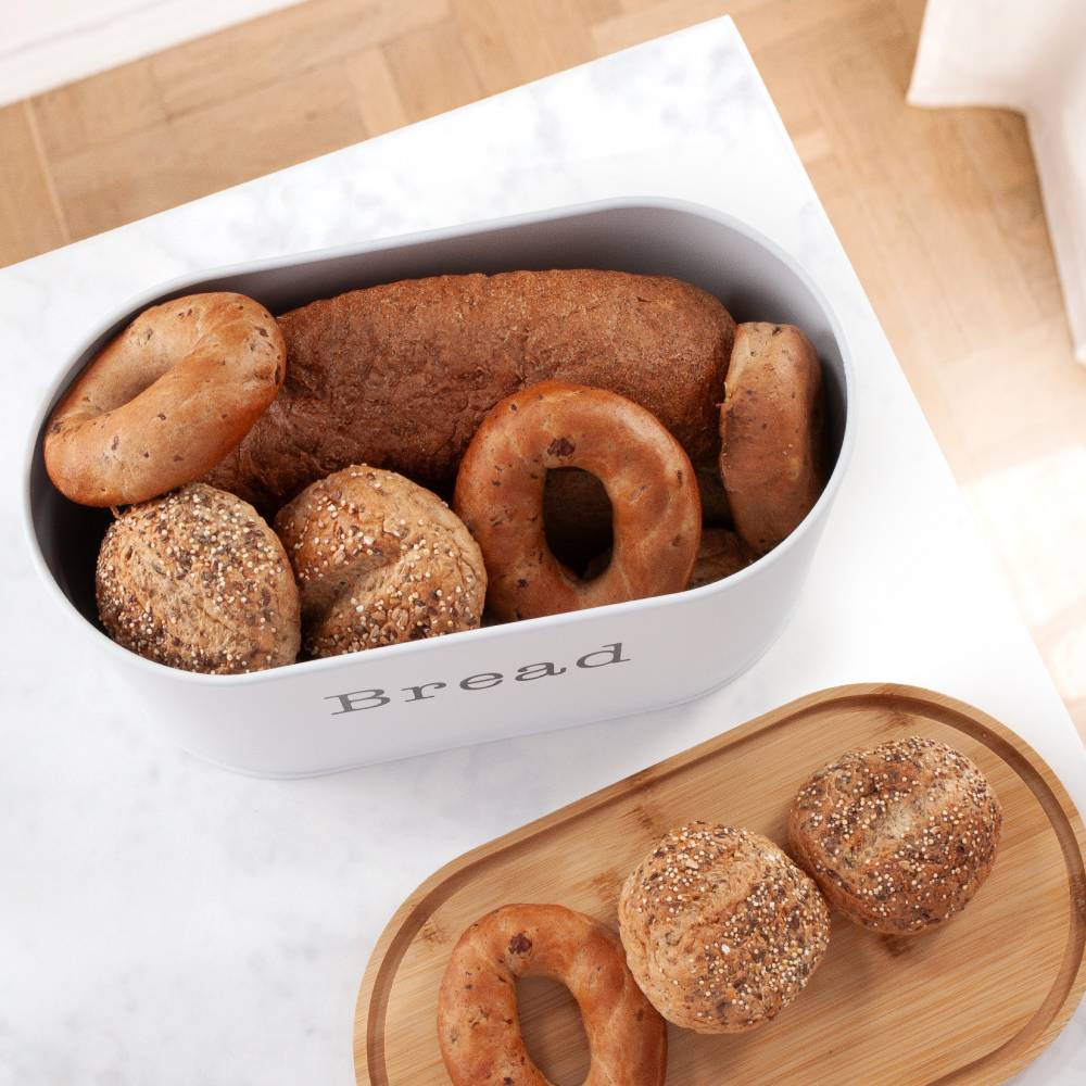 EHC Round Enamel Bread Storage Canister With Wooden Lid, White