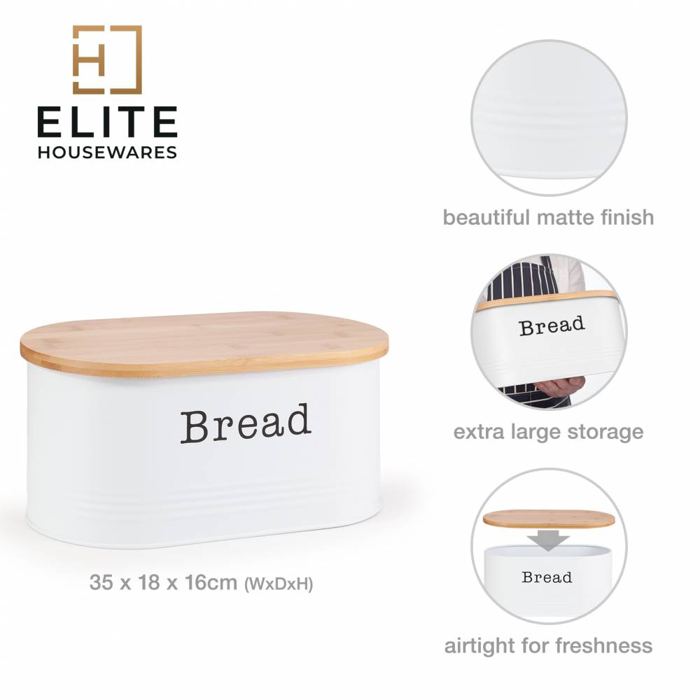 EHC Round Enamel Bread Storage Canister With Wooden Lid, White