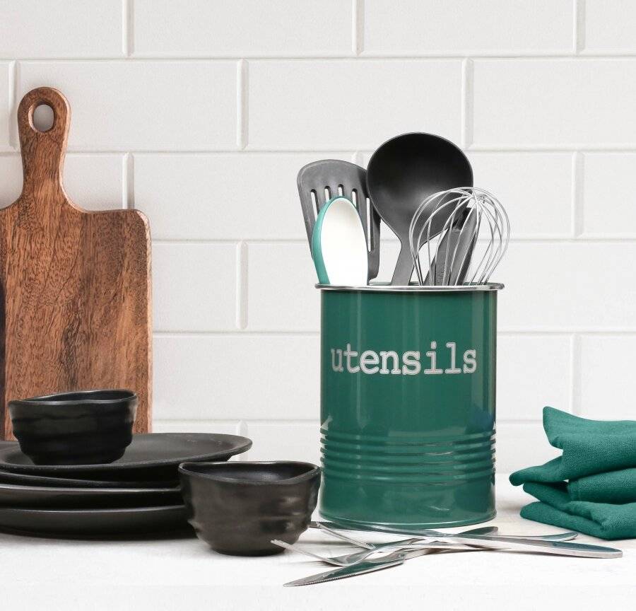 EHC Round Fjord Green Enamel Utensil Storage Pot Holder