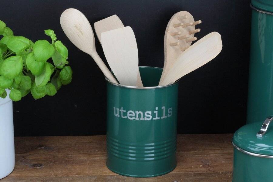 EHC Round Fjord Green Enamel Utensil Storage Pot Holder