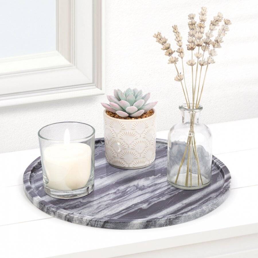 EHC Round-shaped Decorative Marble Stone Storage Vanity Tray, Grey