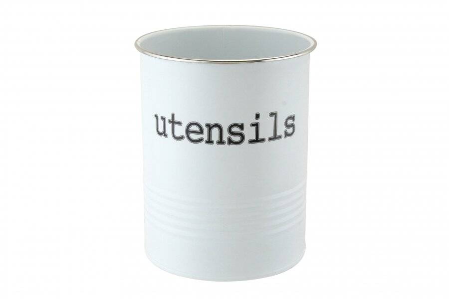 EHC Round White Enamel Utensil Storage Pot Holder, Diameter 14cm