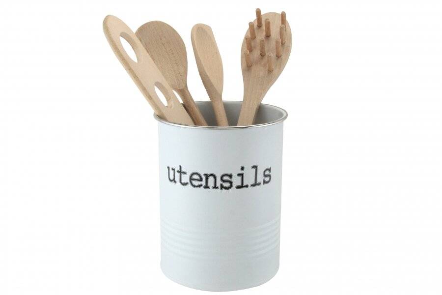 EHC Round White Enamel Utensil Storage Pot Holder, Diameter 14cm