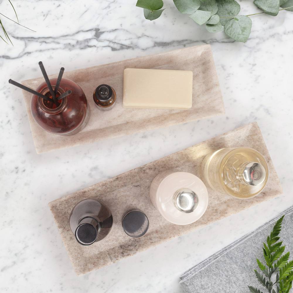 EHC Set of 2 Decorative Marble Stone Storage Vanity Tray, White