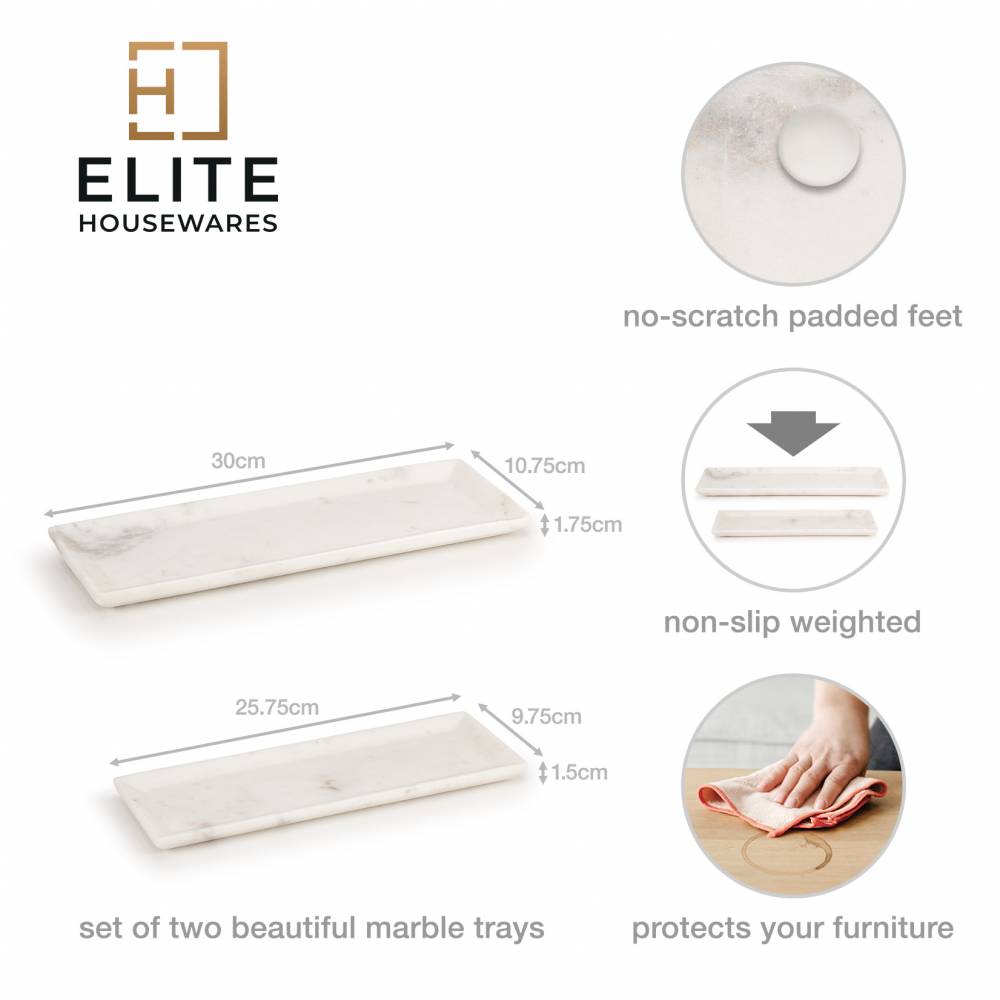EHC Set of 2 Decorative Marble Stone Storage Vanity Tray, White