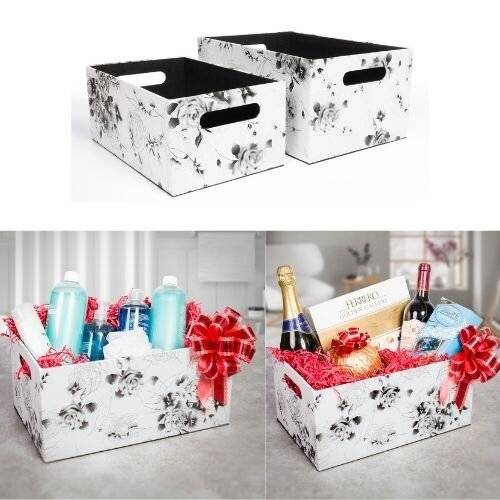 EHC Set of 2 Floral Print Faux Leather Baskets With Carry Handles