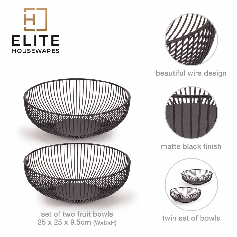 EHC Set of 2 Fruit & Vegetable Storage Basket Stand for Kitchen, Black