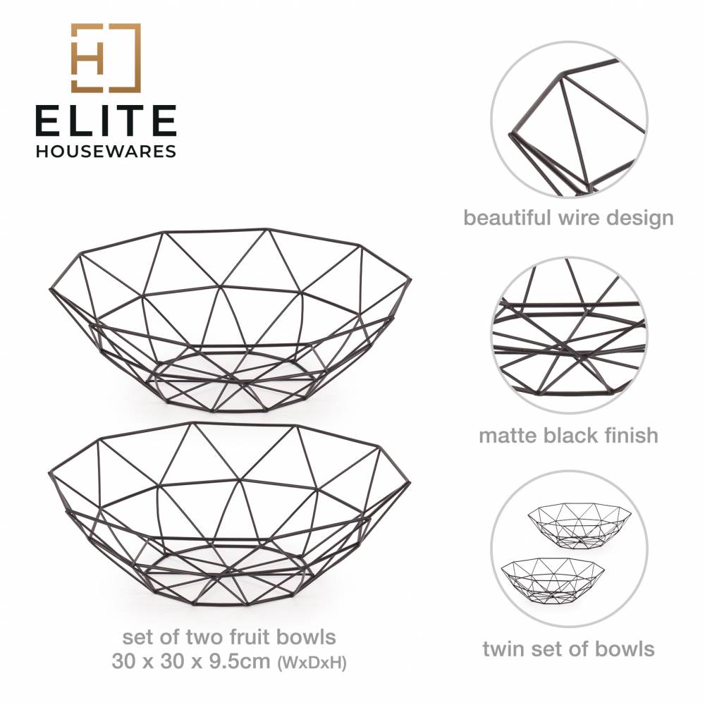 EHC Set of 2 Fruit & Vegetable Storage Basket Stand for Kitchen, Black