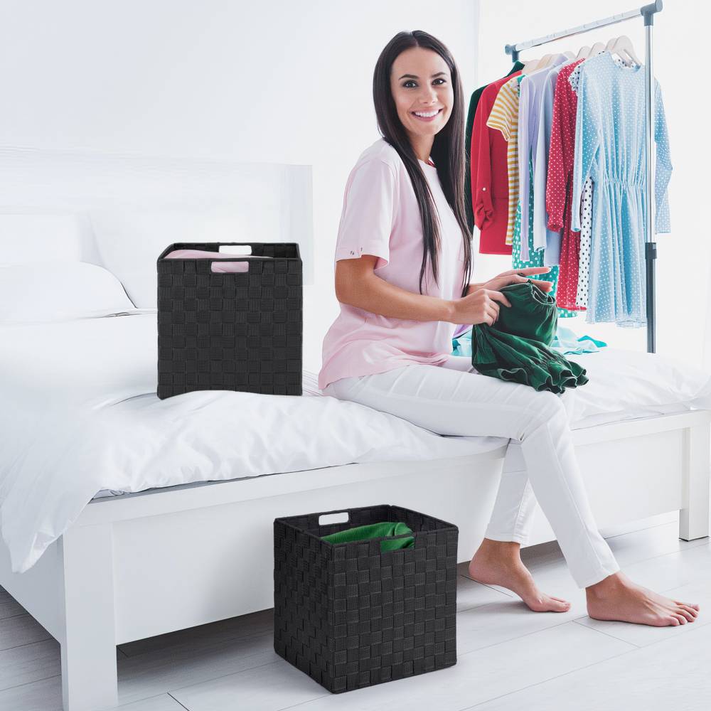 EHC Set of 2 Large Foldable Handwoven Storage Hamper Basket - Black